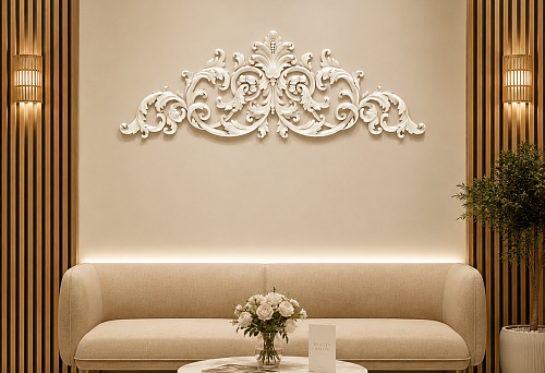 Waiting area in the salon with slatted panels and a decorative overlay NPU-095 on the central wall
