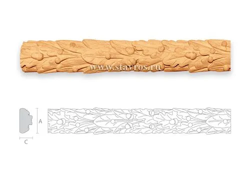 Carved wooden plank with oak leaf and acorn ornament for architectural framing