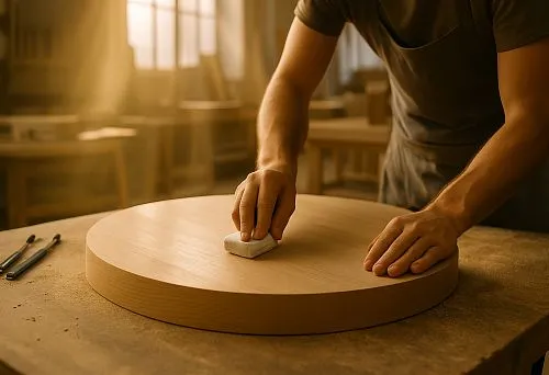 A furniture maker sanding a round wooden workpiece in a workshop under sunlight