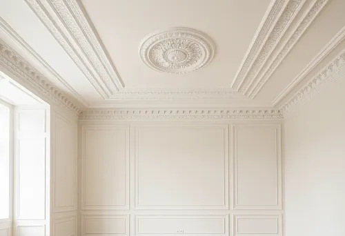 Ceiling with Decorative Molding &mdash; Polyurethane Cornice, Frieze, and Rosette in a Classic Interior