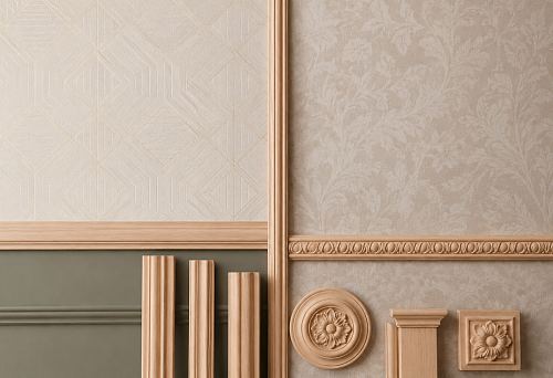 The joint of different wallpapers is covered with a wooden molding on the wall