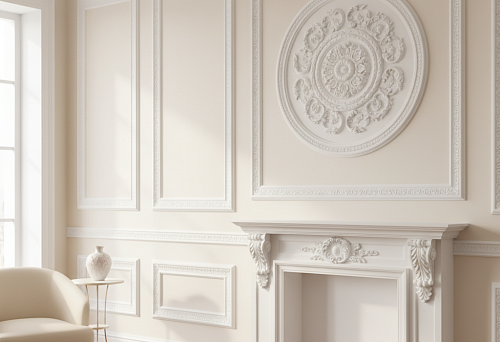 Classical Interior with White Wall Molding &mdash; Decorative Panels, Rosette, and Polyurethane Fireplace Surround