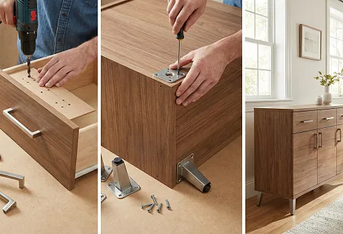 Installing Furniture Hardware on a Finished Cabinet: Mounting Furniture Handles on the Front and Attaching Furniture Supports to the Cabinet with Precise Marking, Drilling, and Fastener Fixation