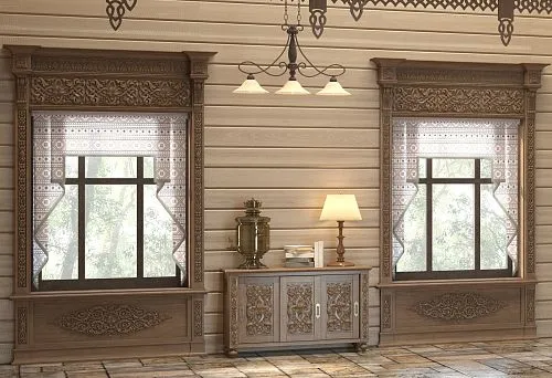Rustic interior in Russian style with carved door casings and wooden finishes