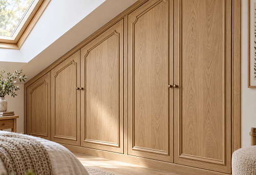 Wardrobe under a roof slope with frames made of wooden molding MLD-058, repeating the shape of the doors