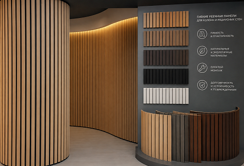 Slatted panels for finishing a round column in the interior