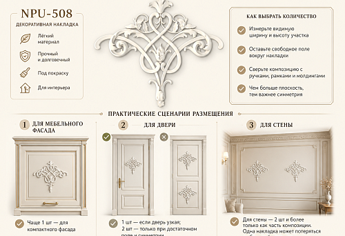 Comparison of one and two decorative overlays NPU-508 on a furniture facade, door, and wall panel