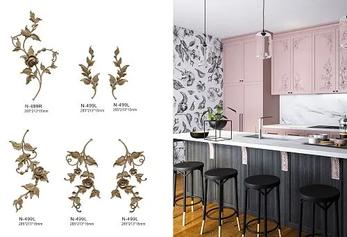 Decorative furniture appliqu&eacute;s in the shape of flowers and leaves, examples of carved ornaments with article numbers and dimensions