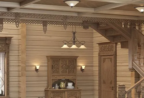 Interior in the style of a Russian izba with carved furniture and staircase