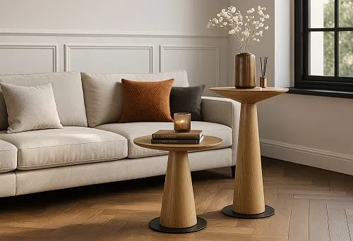 Cozy living room interior with designer wooden tables, light sofa and accent pillows