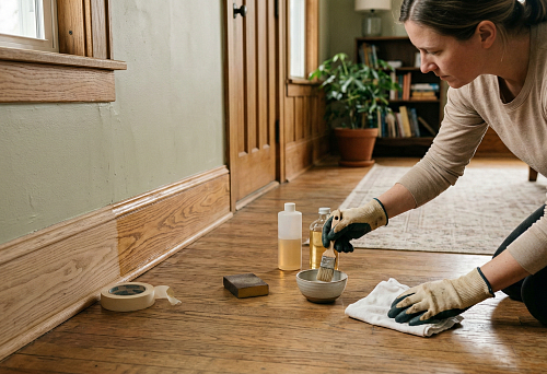 Caring for a wooden baseboard: cleaning and refreshing the coating with a brush along the wall on a wooden floor