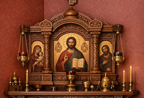 Wooden carved icon with shelf and cross