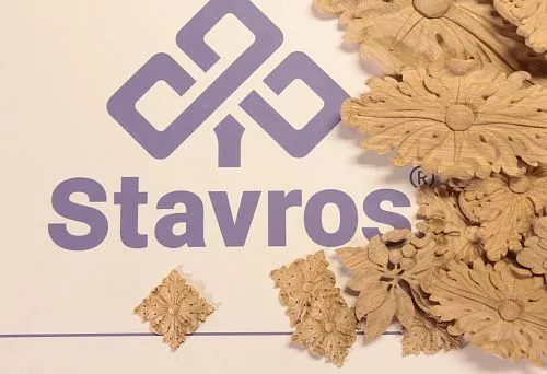 Carved Wooden Decorative Inlays against the STAVROS Logo &mdash; Options for Ceiling Beam and Interior Design