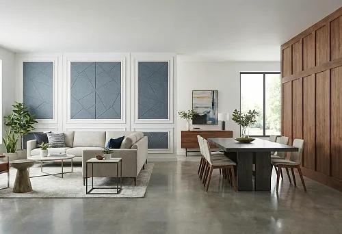 Modern living room and dining room visually separated using wall moldings and panel inserts