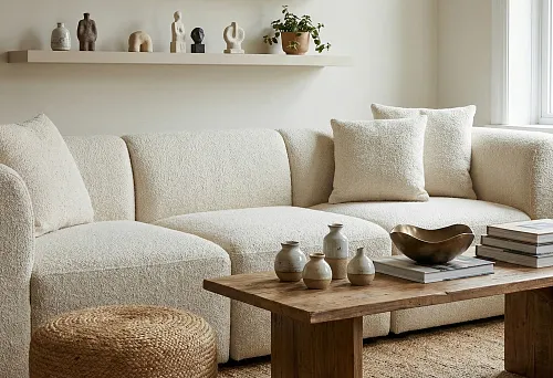 Bright living room: large soft sofa and small interior items on a wooden table
