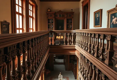 Wooden balusters on the second floor of a private house, classic interior
