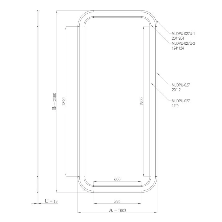 Drawing of the CPU-3-3 molding decor kit: height 2300 mm, width 1003 mm, thickness 13 mm, opening dimensions and profile elements are indicated