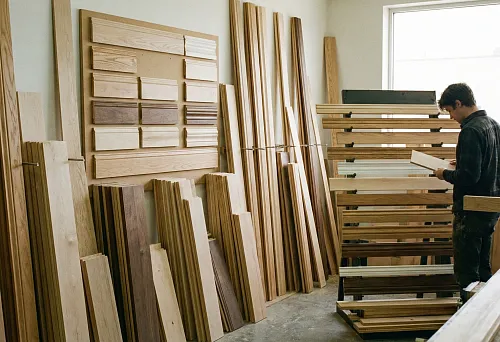 Wooden floor skirting: blanks and profiles in a workshop, selection of types and sizes
