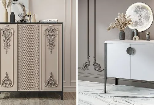 Elegant Classic Chest with Decorative Carving in Apartment Interior, Full-Service Furnishing