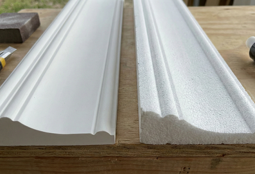 Polyurethane or foam: two identical cornice profiles in cross-section, showing different material structure