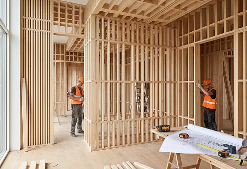 Wooden interior construction: workers install a frame made of timber, slats, and trims with tools and blueprints laid out.