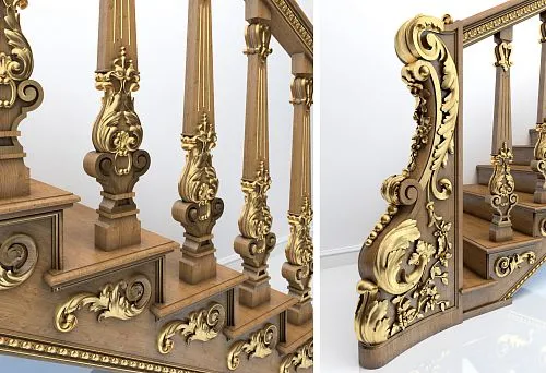 Overall view of the staircase with decorative carved balusters and artistically designed handrail