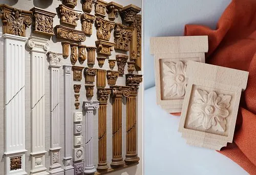 Elegant wooden elements for decorative furniture finishing.