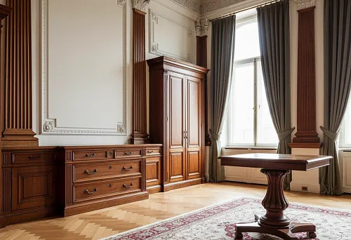 Classic interior with wooden furniture, columns, and pilasters with capitals, where wooden furniture handles maintain a unified line of architectural and furniture decor