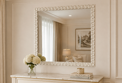 The large mirror is already installed without a frame: how to make a neat carved frame from polyurethane molding KPU-071