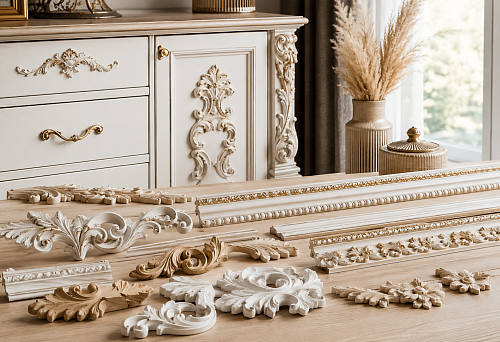 Decorative elements for furniture fronts in interior design