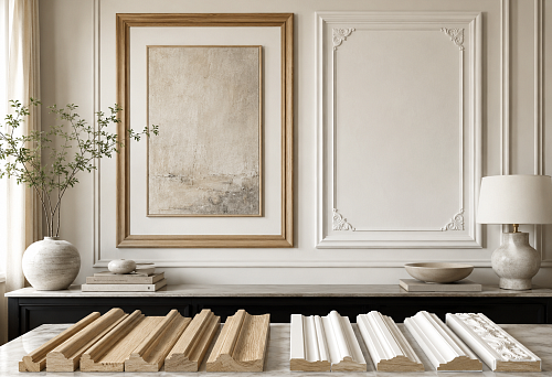 Wooden baguette and polyurethane molding for framing and panels