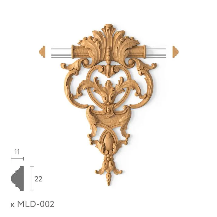 Wooden decorative element MLD-2-1.1, carved molding decor