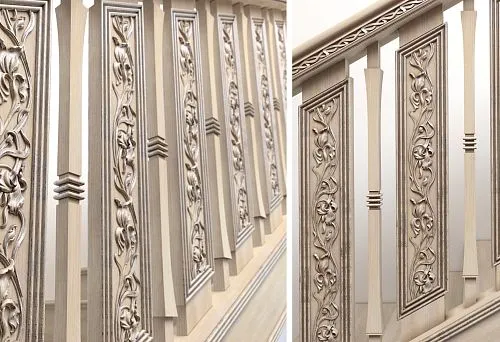 Light decorative balusters with floral carving &mdash; overall view of the staircase