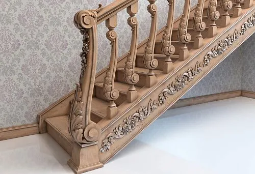 Carved wooden balusters and staircase railing elements with floral ornament
