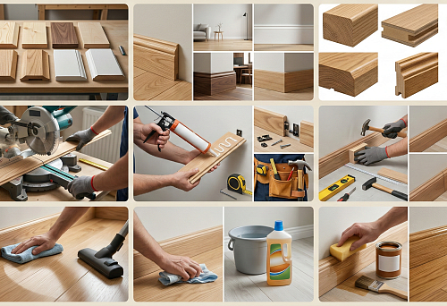 Types of wooden floor baseboards: samples of profiles from different wood species on the table