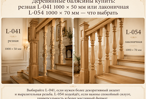 Buy wooden balusters: carved L-041 1000 &times; 50 mm or laconic L-054 1000 &times; 70 mm &mdash; which to choose