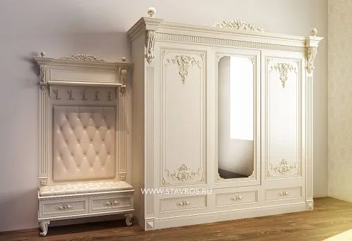 Classic hallway furniture set in light tones with carved decoration, large mirror wardrobe, and upholstered bench