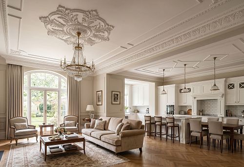 Ceiling decor for a kitchen-living room: how to zone the space with stucco molding