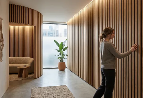 Slat wall panels for walls in a modern hallway interior with soft lighting, a curved partition, and natural wood texture