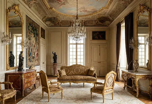 Baroque living room: gilded furniture, crystal chandelier, and ceiling painting