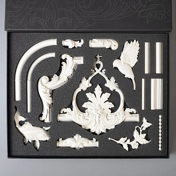Showcase of molded decor SOPU-001 STAVROS with branded box, catalog and polyurethane samples