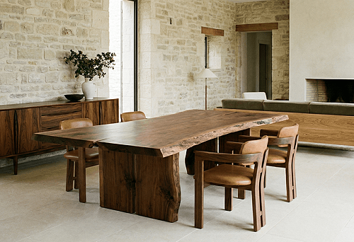 Premium elite designer furniture: large solid wood table with slab and leather-upholstered chairs