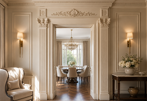 Doorway with architraves, pilasters and stucco molding in a classic interior