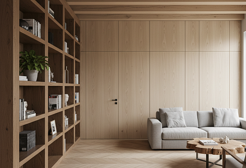 Modern interior with oak panels, ceiling beams, and a massive wooden shelving unit in a bright living room.