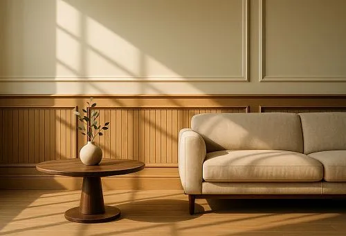 Modern interior with a beige sofa and round wooden table against a wall with decorative moldings