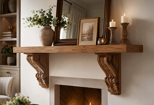 Decorative mantel shelf on wooden brackets STAVROS in a living room interior