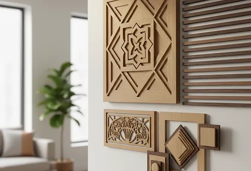 Modern wooden wall decor &mdash; carved panels, geometric overlays, and oak slats in a bright living room interior