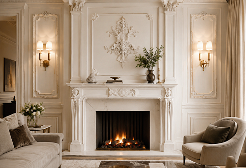 Fireplace area with moldings, capitals and decorative stucco around the portal