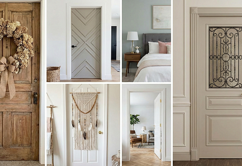 Door Decoration Ideas: Wooden Entry Door with a Large Decorative Wreath and Bow in a Neutral Palette