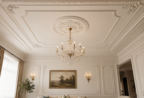 Beautiful ceiling with a ceiling rosette, moldings and polyurethane cornice